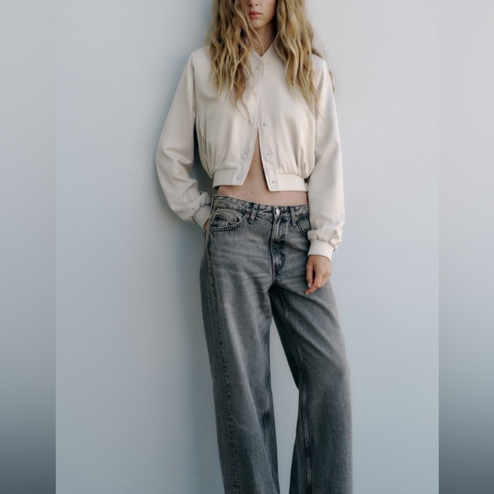 Zara satin effect crop bomber Sand color NWT - Picture 2 of 7